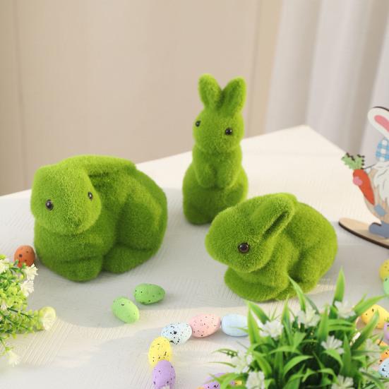 3Pcs Plant Ornament Realistic Touch Soft Flocked Moss Bunnies Figure UV Resistant Easter Christmas Wedding Decor