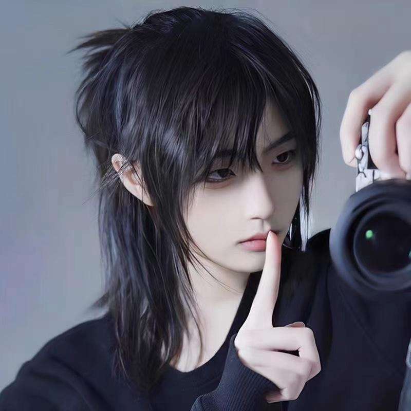 Korte Mullet Hoofdpruiken met pony Synthetische rechte anime mannen Zwart grijs groen haar pruik voor dagelijks feest Cosplay