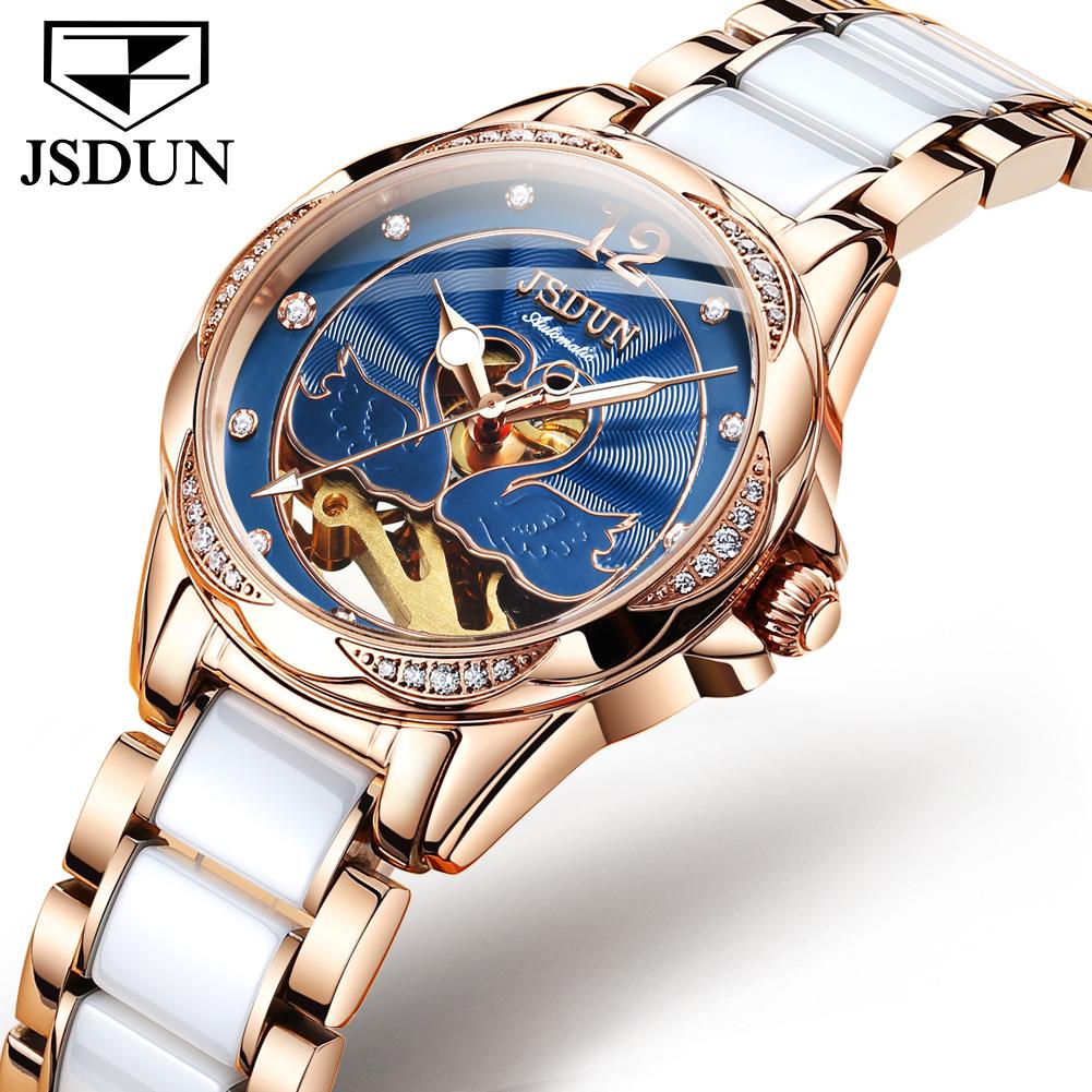 JSDUN 8831 Damenuhr Wasserdichte Automatische Mechanische Uhr Für Damen Keramik Stahlarmband Uhren Synthetisches Saphirglas