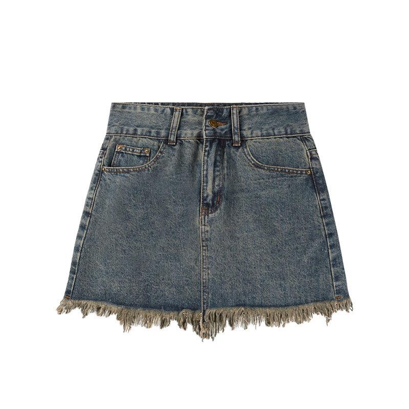 Classic Versatile Youthful Raw Edge Tassel Bustier Skirt High Waist Thin Big Yards A-line Package Hip Skirt Retro Ladies Summer Fashion Cowboy Skirt