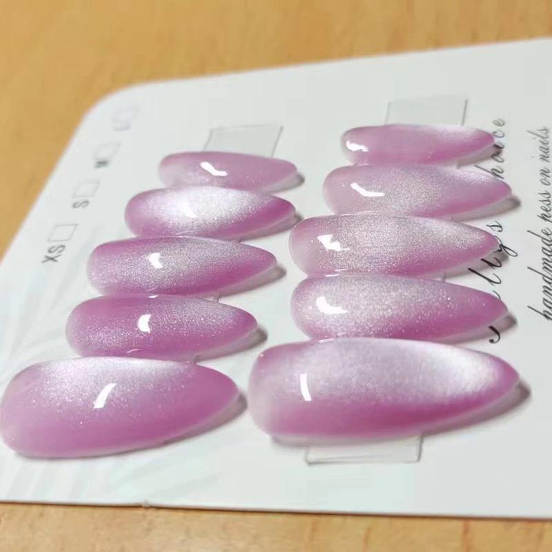 100% HANDMADE Almond Shape Artificial Nail Art Purple Aurora Cat Eyes Full Cat Eyes Matte Frosted Minimalist Nails Reusable and Removable Fake Nails
