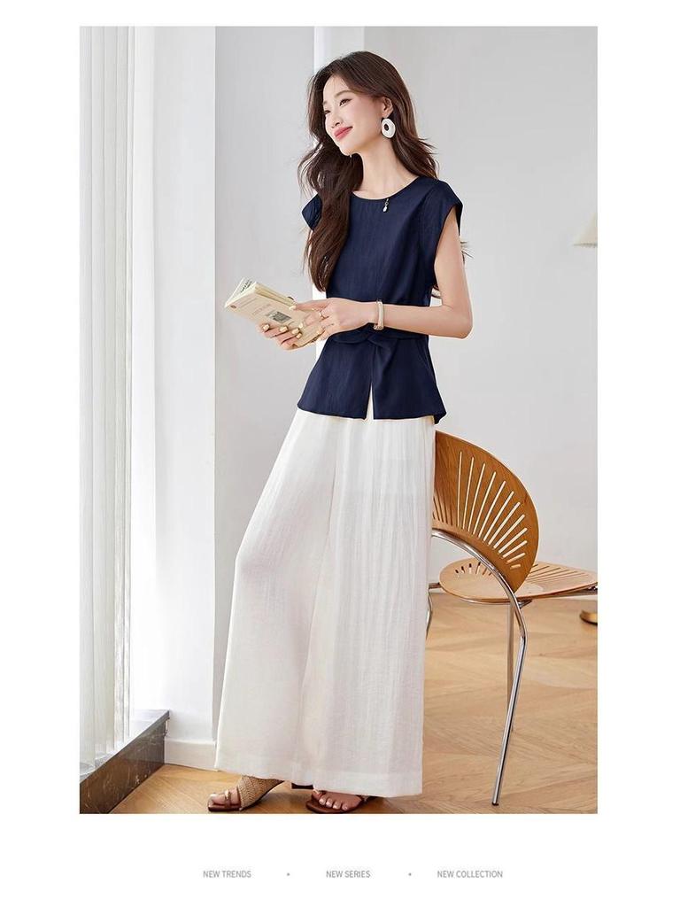 2026 Summer Cotton Linen Sleeveless Shirt & Wide-Leg Pants Two-Piece Set
