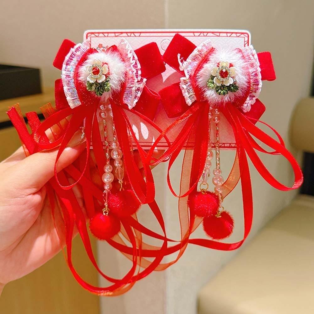 2pcs Bow New Year Ribbon Barrettes Lion Embroidered Bow Headwear Ancient Style Hair Clip  Winter