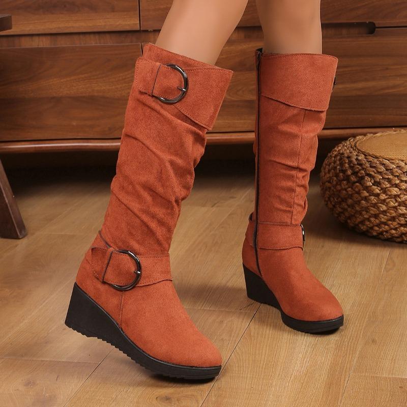 Fashion High Heels Women Long Boots Winter Suede Buckle Wedges Shoes 2025 New Snow Elegant Knee Boots Designer Fashion Zapatillas Mujer