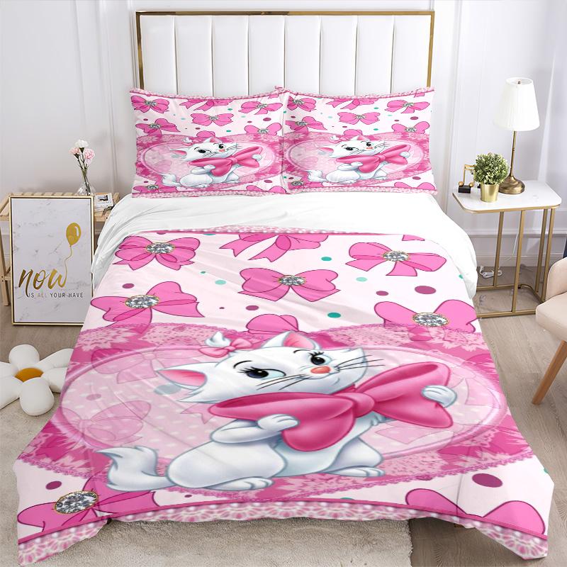 Pink Bow Heart Cat Print 3Pcs Bedding Setduvet Cover With 2 Bedropillowcase Home Birthday Gift
