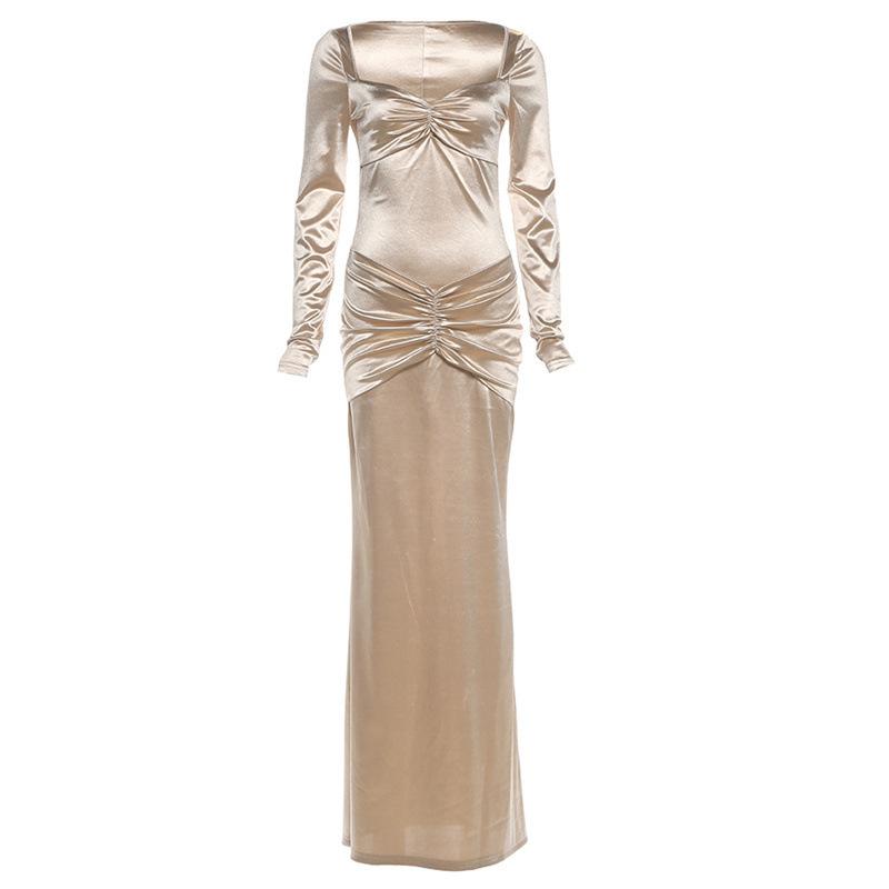 European and American style 2026 autumn new fashion creative pleated splicing solid color high waist slim and thin dress
