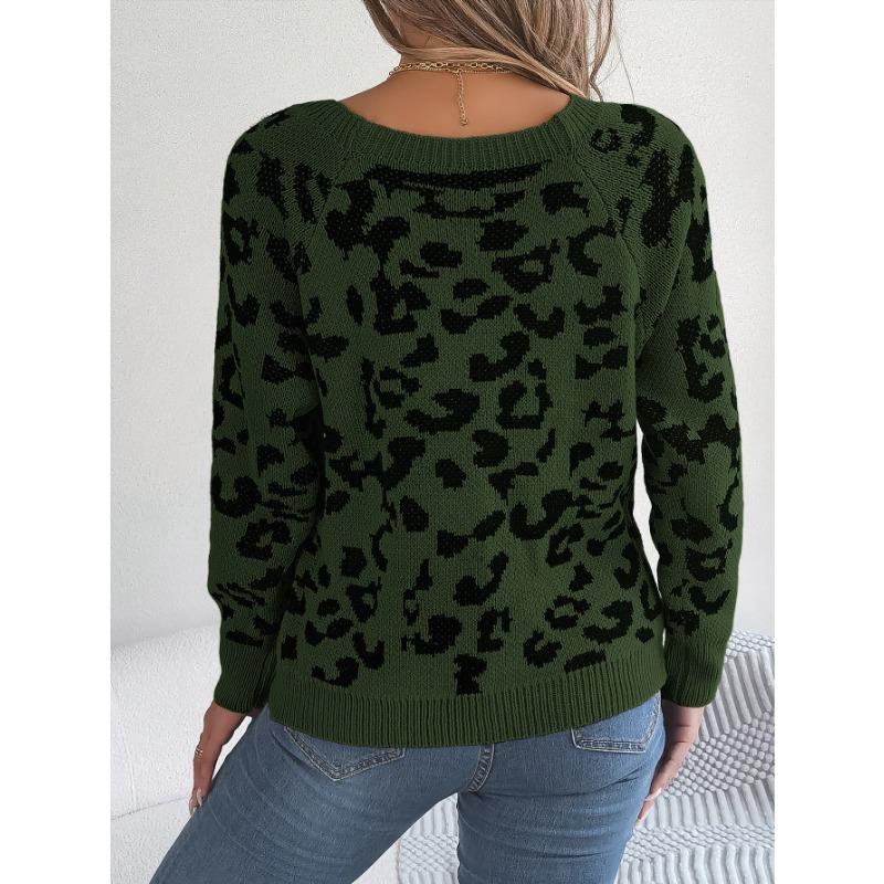Women's Autumn and Winter Casual Square Collar Button-up Color Leopard Print Long-sleeved Sweater