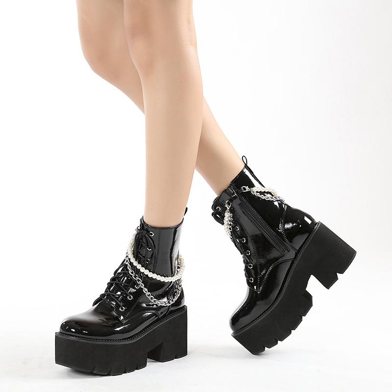 Autumn and Winter Martin Boots Pearl Chain Thick Bottom Side Zipper Women's Boots Front Lace Up Knight Boots Women's