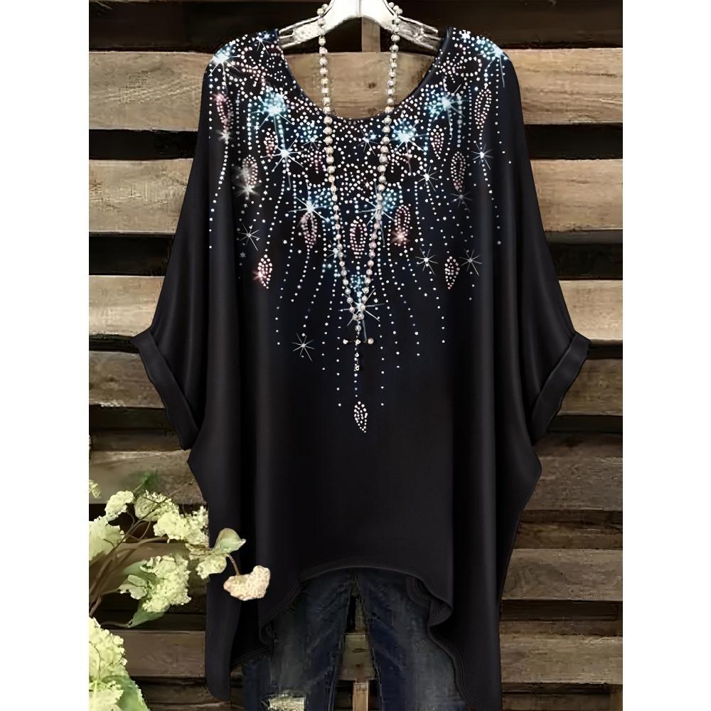 Camiseta de Verano para Mujer Estilo Étnico Estampado Retro Chaqueta Larga Informal Cómoda Camiseta Dobladillo Irregular Cuello Redondo Manga Corta para Mujer