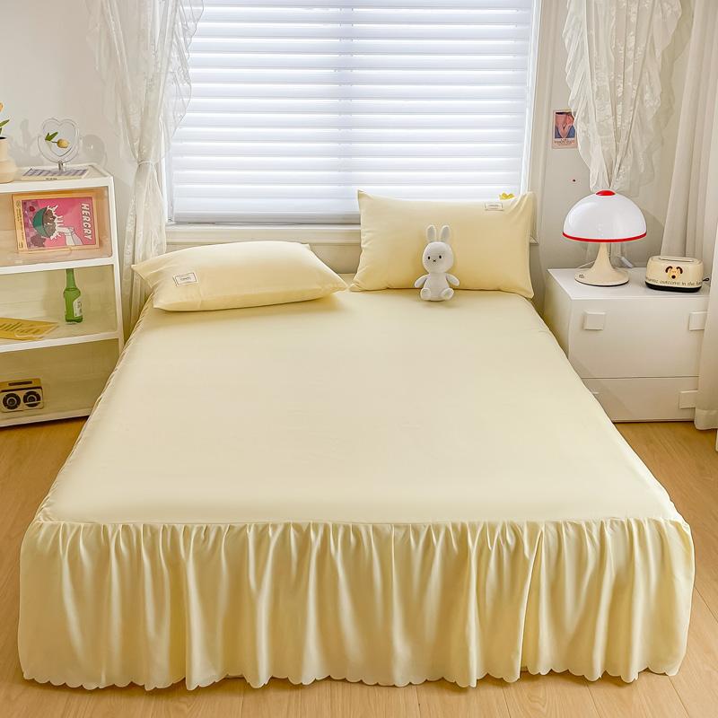 Bed Skirt with Pillowcase Solid Color Bed Cover Soft Bedspread Elastic Mattress Protector Ruffles Bed Linen Falda De Cama
