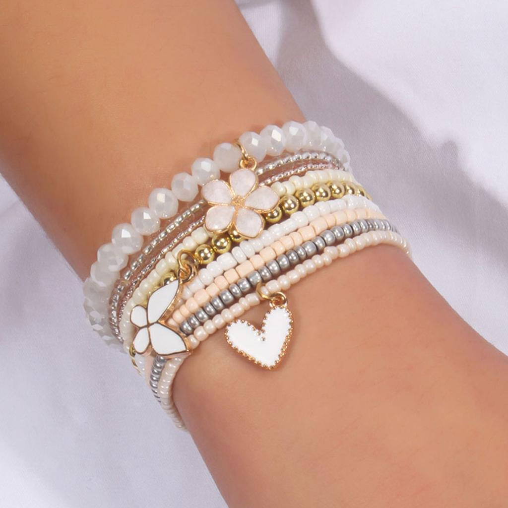 Fashion Heart-shaped Butterfly Flower Pendant Bracelet Bohemian Seed Bead Stacked Bracelet Women's Summer Beach Party Zircon