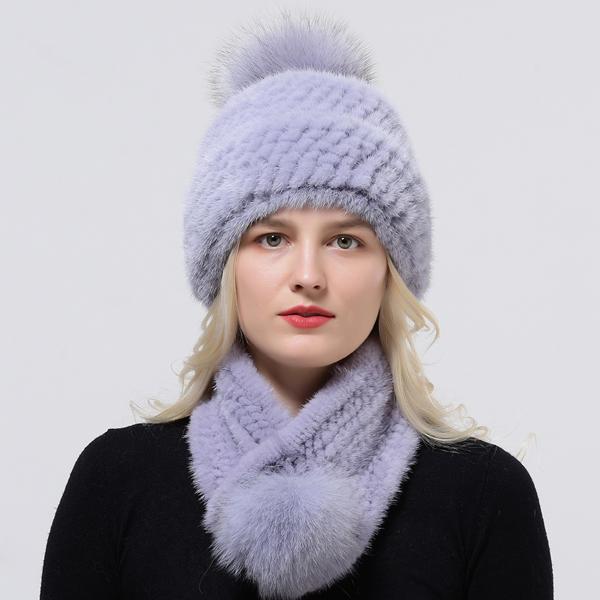 Zimowy Ciepły Damski Zestaw Czapka Szalik Dzianinowa Czapka z Pomponem Pokryta Futrem Norki Szalik z Naturalnego Futra Wysokiej Jakości