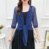 Sommer Durchsichtige Damen Glitzer Shirt Damenmode Schnürhalbarm Bürodame Bluse Lose Einfache Mesh Damen Tops 344