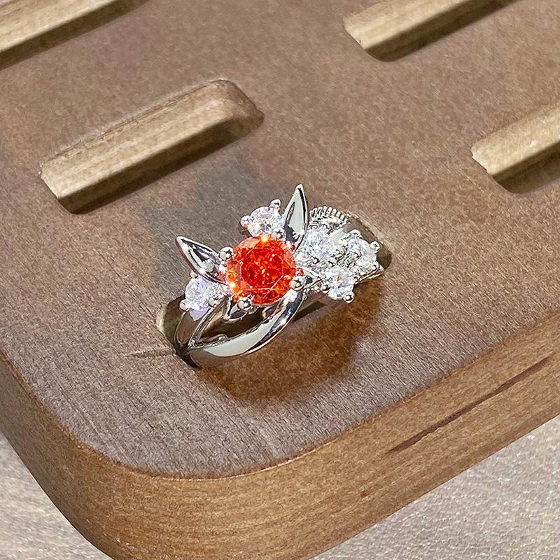Small Fresh Orange Red Colored Treasure Zircon Row Diamond Opening Ring Light Luxury High Sense Niche Personality Stacked Ring Woman