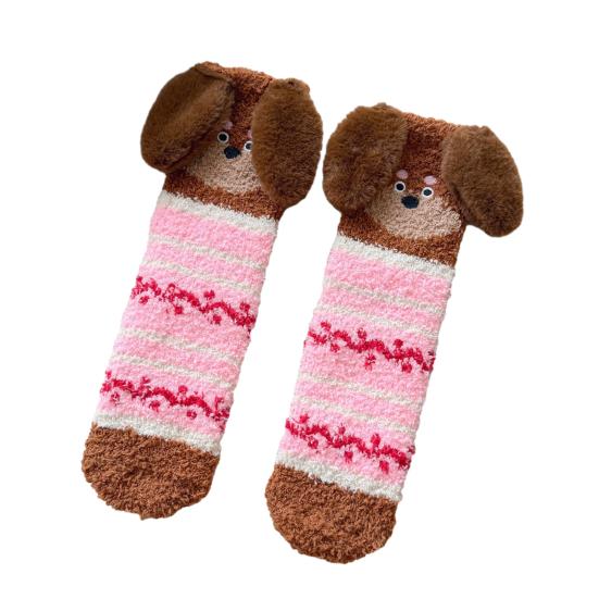 

1 пара носков для пола, 3D мультяшный дизайн таксы, полосатый принт, эластичное отверстие, носки из кораллового флиса, утолщенные, средней длины, для сна B