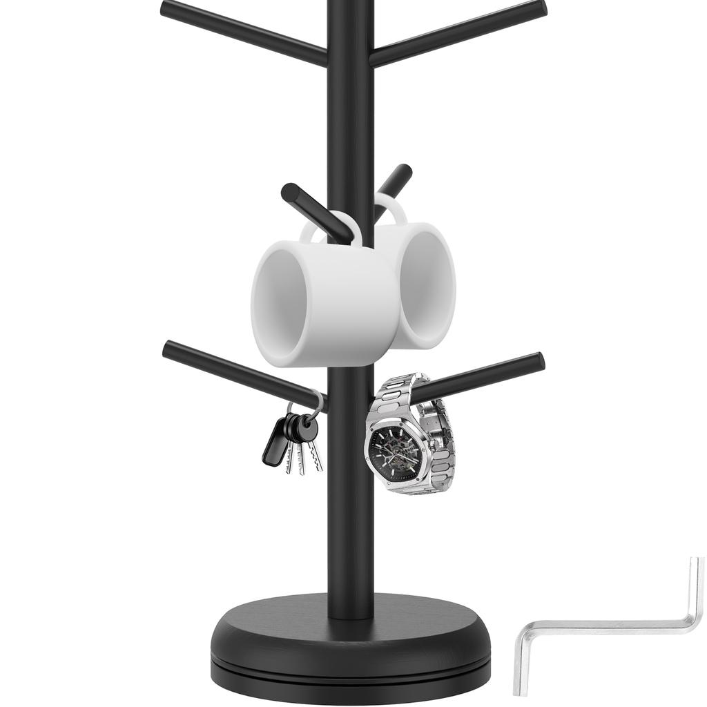 360° Rotated Wood Mug Holder Coffee Cup Tea Cup Organizer Stand 6-Hook Kitchen Countertop Coffee Bar Accessory