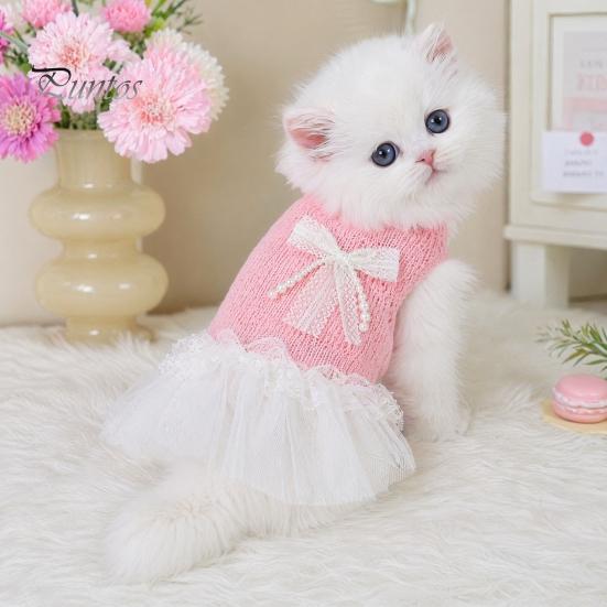Breathable Dog Clothing Knitted Sleeveless Dress, White Tutu Puppy Princess Cute Girl Dress Pet for Summer with Lace Faux Pearl Bow, Female Small Dogs