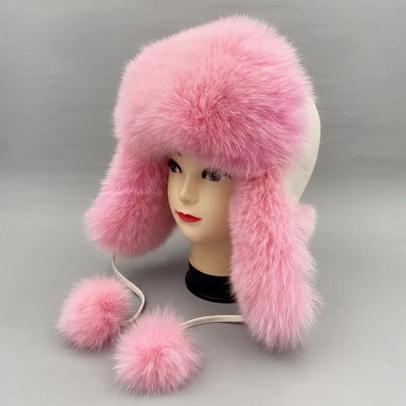 Pink Fur Hat Woman Winter Natural Fox Fur Bomber Hats Thick Warm Earflap Trapper Hats Women's Cold Cap