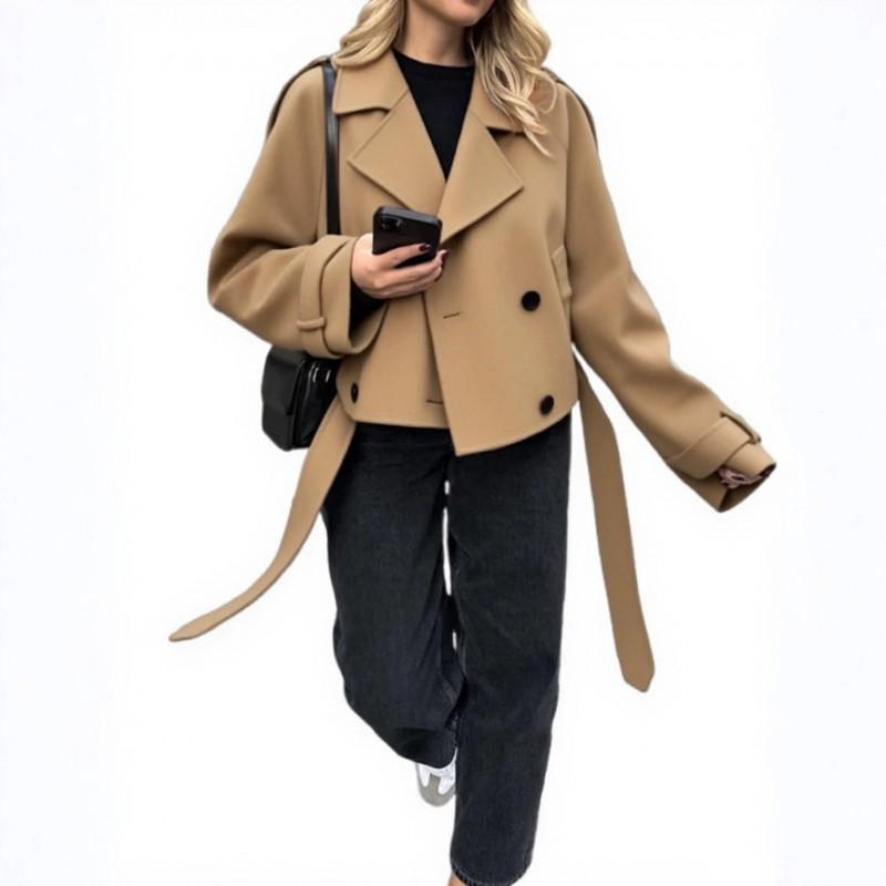 Womens Short Wool Blend Pea Coat With Belt Double Breasted Notched Collar Pocket Jacket