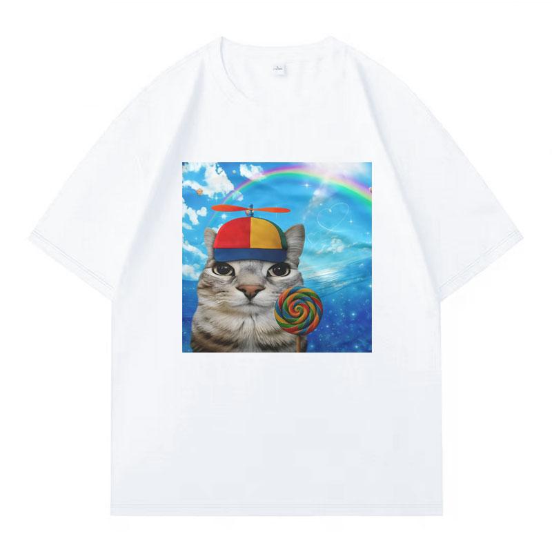 Greetings Huzz Tshirt Silly Cat Meme Printed Summer Hip Hop Women Crewneck Shortsleeve Casual Y2k  Tshirt Clothing