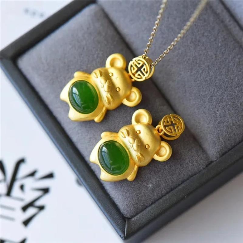 Natural Green Hetian Jade Mouse Pendant Lucky Necklace Chinese Jadeite Amulet Fashion Charm Jewelry Gifts for Women Her