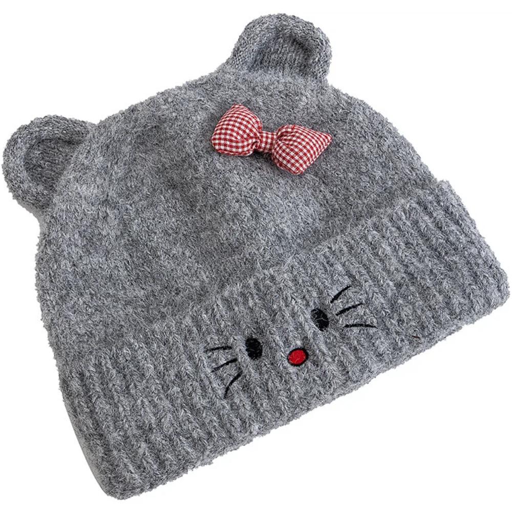 Hot Sale Women Loose Soft Beanie Hat Lovely Cute Cat Ear Bow Design Winter Knitted Hats For Female Streetwear Winter Hat
