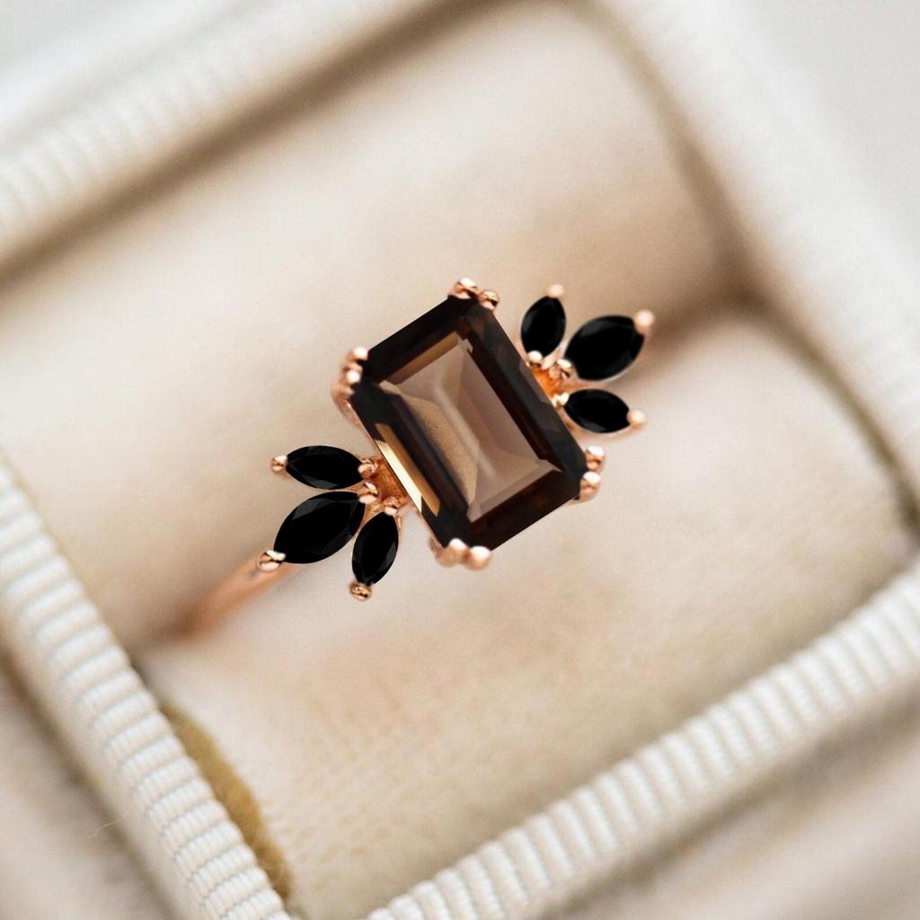 Emerald Cut Smoky Quartz & Black Onyx Ring – Yellow Gold Plated Cluster Statement Ring, Engagement Wedding Jewellery Gift for Women