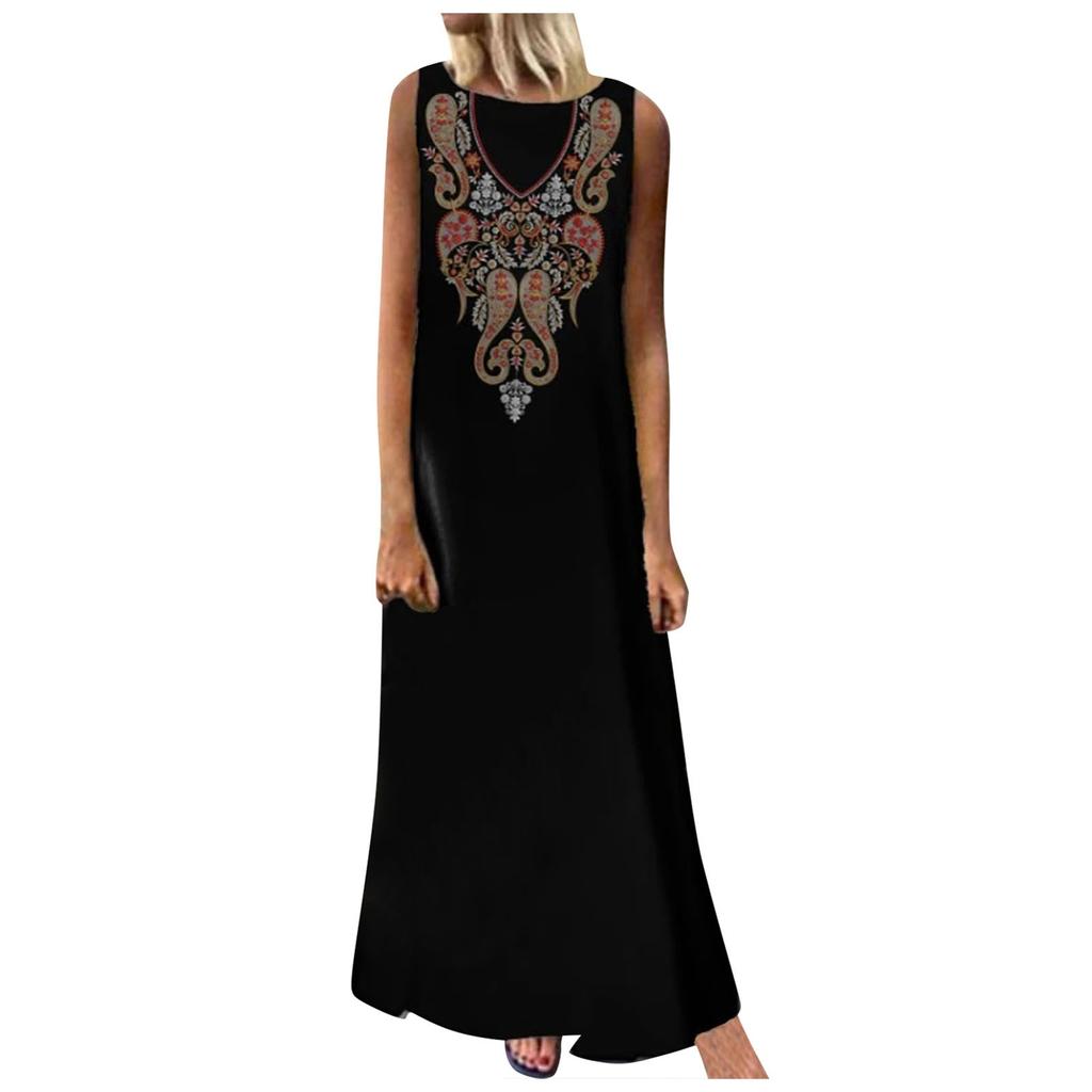 Women Boho Summer Sleeveless Sling Printed Casual Loose Long Dress