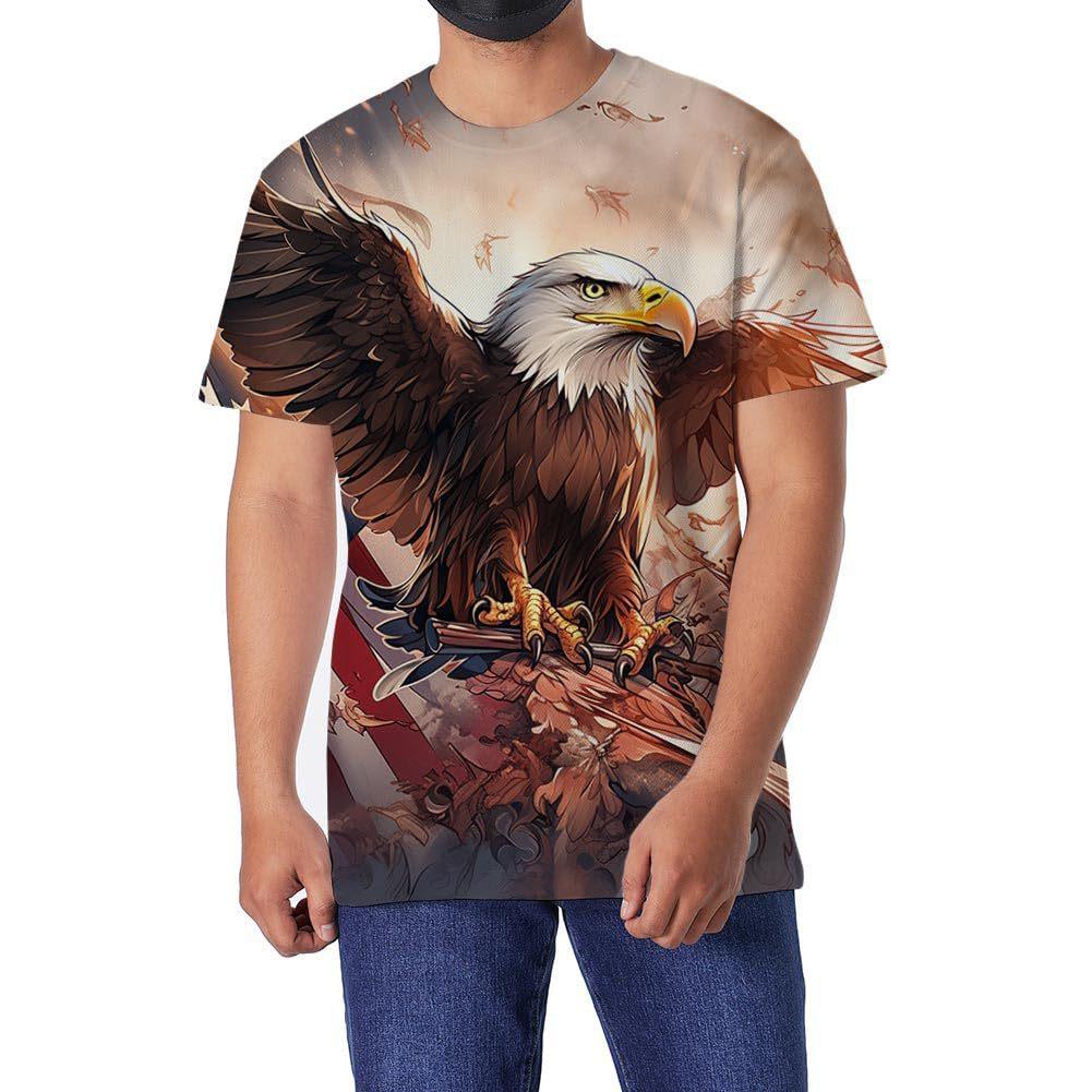 Summer Round Neck 3D American Eagle Pattern Print Top Fashionable Casual Short Sleeved Men's T-shirts