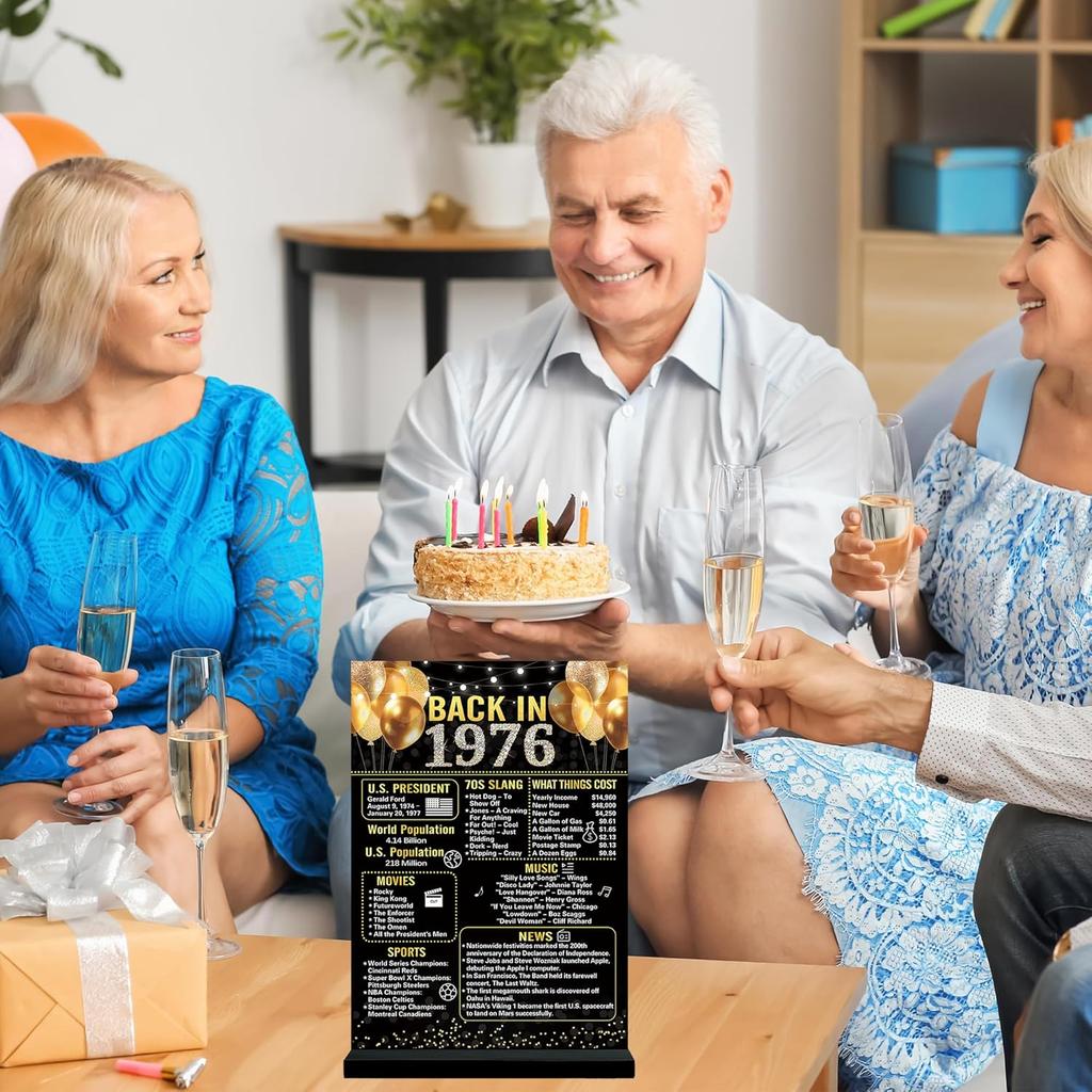 Trgowaul 50th Birthday Decorations Women Men, Black Gold Back In 1976 Birthday Poster Acrylic Table Sign with Stand, 50 Anniversary Decor Gifts for