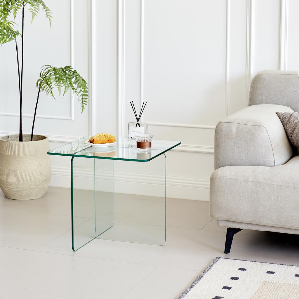 Tempered Clear Bent Glass SideTable, Transparent End Table, Sofa Table