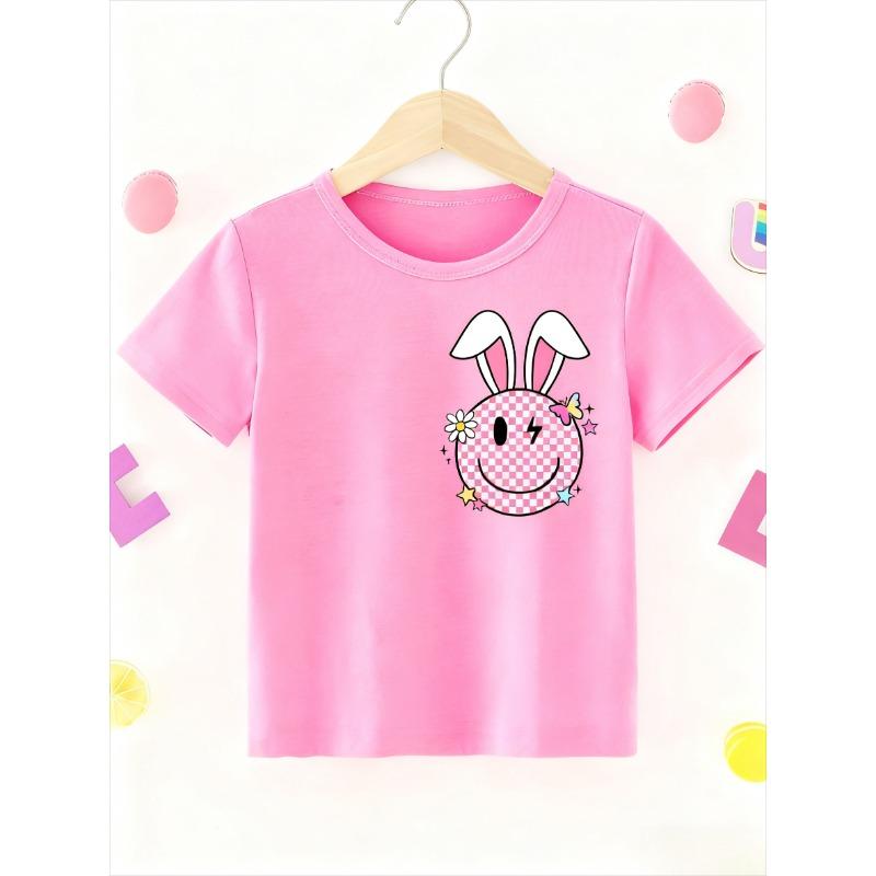 Girls' Cute Panda Climbing Tree Printed T-shirt - Soft Pink Short-sleeve Crew Neck Top, Breathable Knitted Fabric for Spring