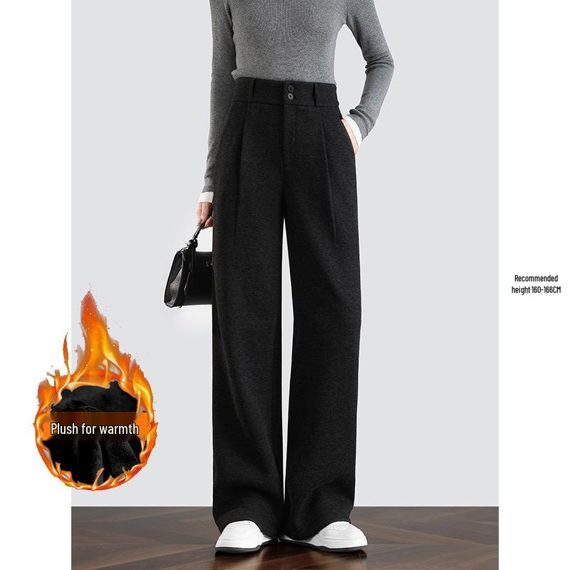 Women's Spring Style High-Waisted Oatmeal Wool Wide-Leg Fleece-Lined Pants