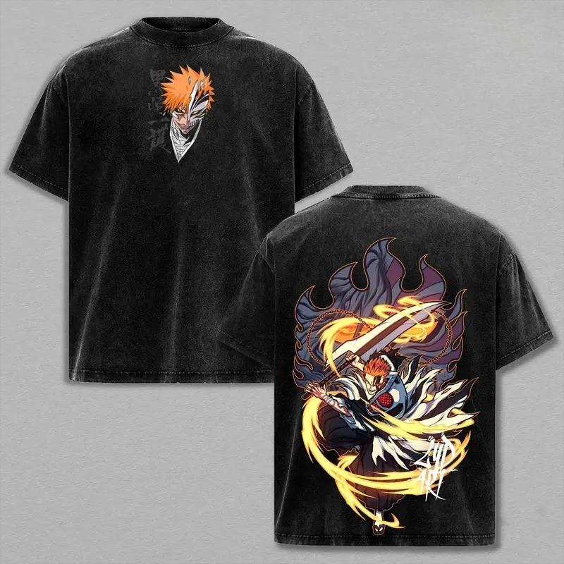 

Hot Anime BLEACH Kurosaki Ichigo Clothing Men Women Casual Tshirts Washed Cotton Tee Retro Oversized T-shirt Harajuku T Shirt S чёрный