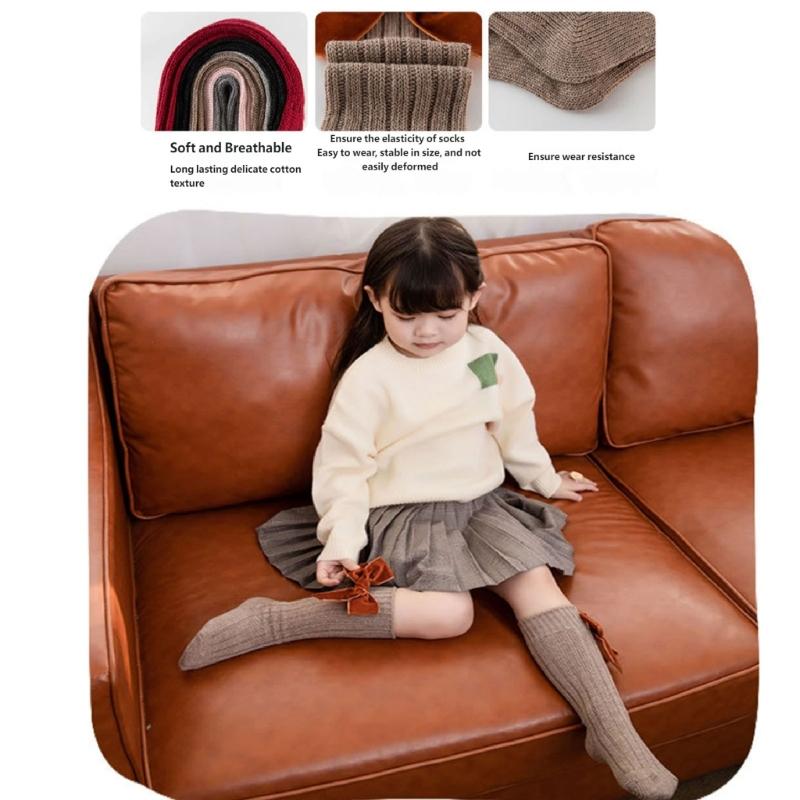 1 Paar Süße Baumwoll-Wadenlange Socken Mit Schleifenmuster-Design Für Kleine Mädchen Alltagsparty