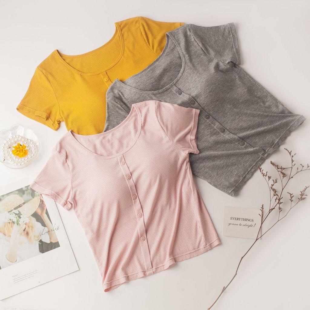 Modal Women's Short Sleeve Padded Top with Pajama-Style Back - Ribbed Base Layer for Inner or Outer Wear