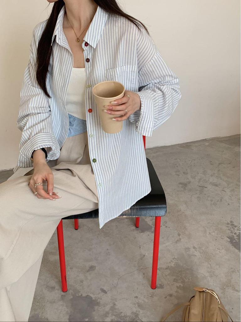 Women's Dopamine Color Striped Buckle Shirt - Personalized, Loose Long Sleeve Lapel Outerwear, ZG Whitening