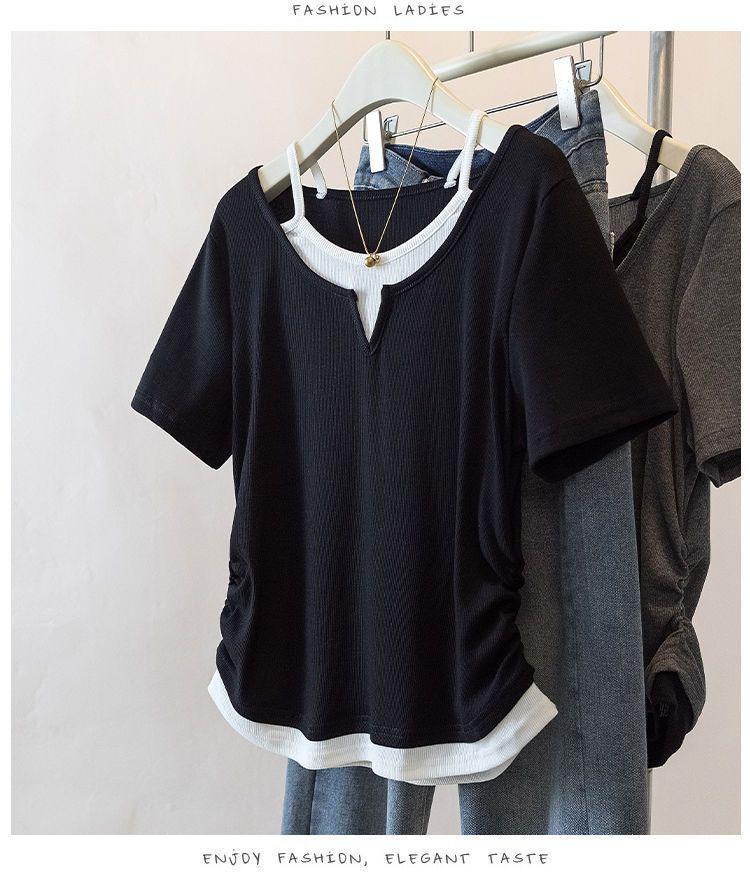 Women's Plus Size Patchwork Faux Two-Piece Short Sleeve T-Shirt - Loose, Slimming, Versatile Summer Style