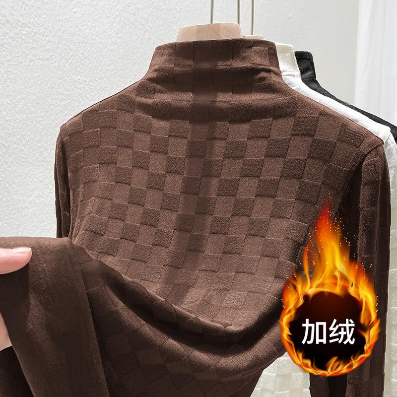 

Semi-turtleneck plaid jacquard t-shirt women s summer new velvet undershirt top tide M темно-коричневого