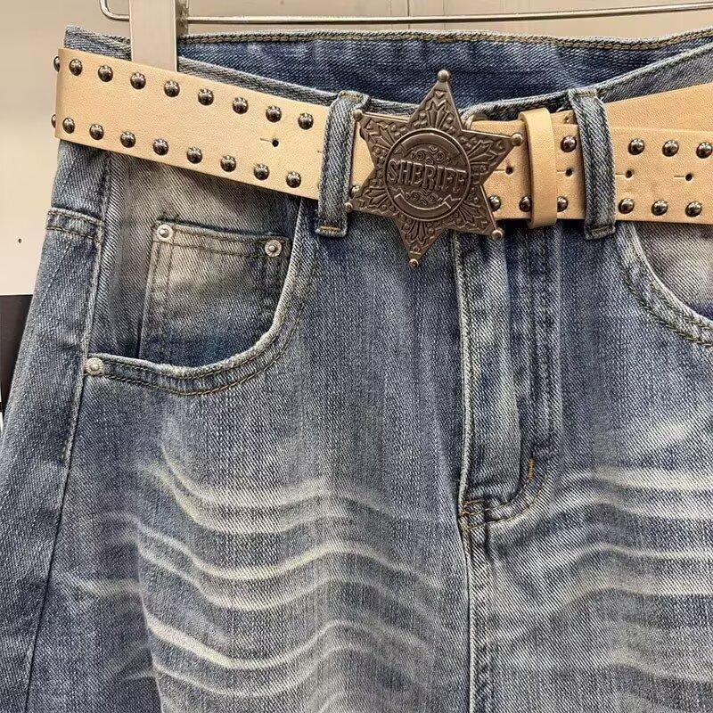 American Ruffian Handsome Ripped Jeans Men's Summer Loose Straight Trousers Trendy Nine-point Trousers Old Wide-leg Trousers