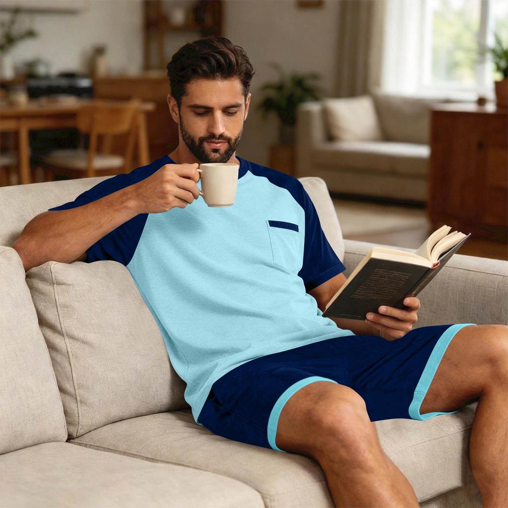 Herren Sommer-Pyjama-Set Kurzarm-Oberteil mit Tasche und passender Hose Leichte atmungsaktive Nachtwäsche Loungewear