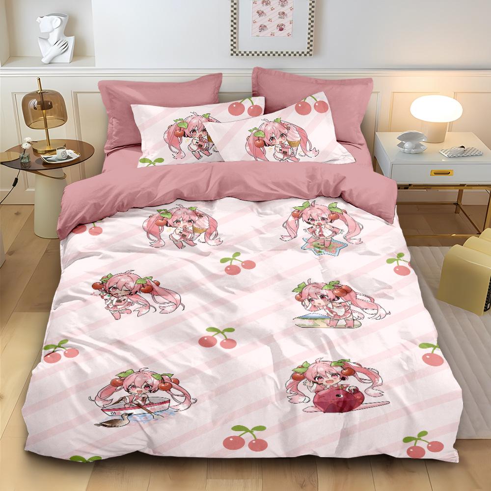 Hatsune Miku Pure Cotton 4-Piece Bedding Set: Cute Duvet Cover & Fitted Sheet for Students