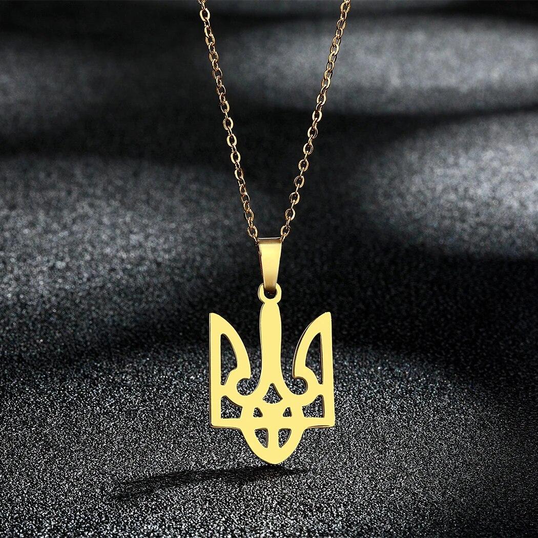 

Kinitial Exquisite Laser Engraved Stainless Steel Ukraine Tryzub Necklace, Ukraine Handmade Necklace Fashion Gift золотой