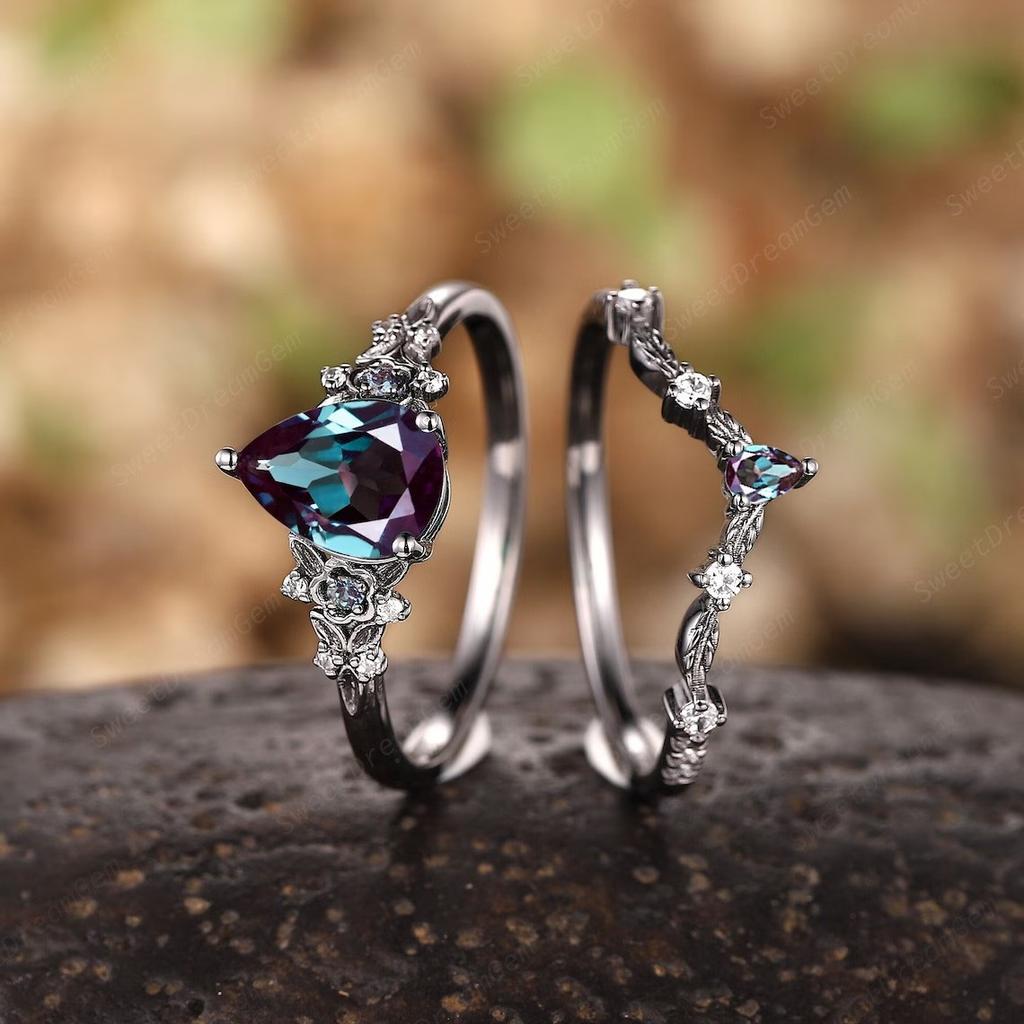 Alexandrite Black Leaf Engagement Set Blue Zircon Couple Ring High-end Ring