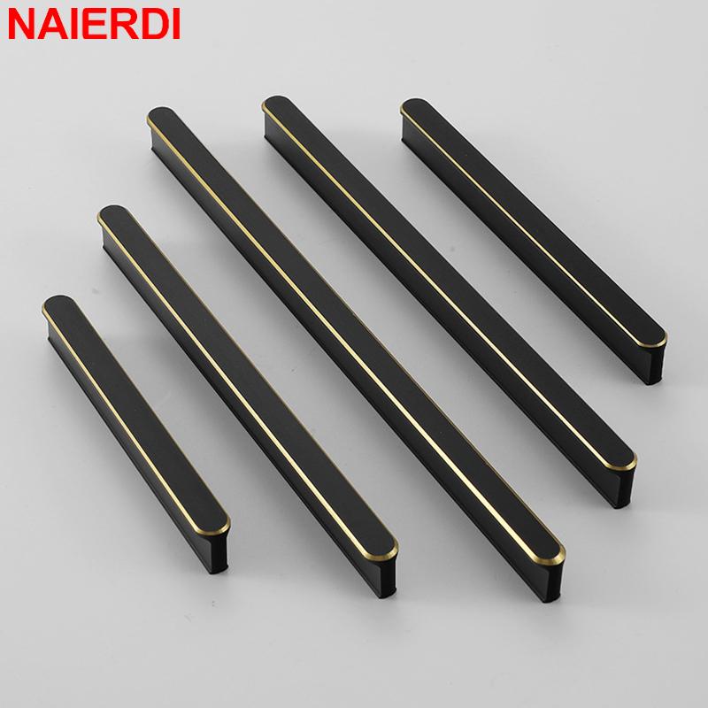 NAIERDI American Style Black Cabinet Handles Aluminum Alloy  Long Furniture Handle Kitchen Cupboard Pulls Drawer Knobs Hardware