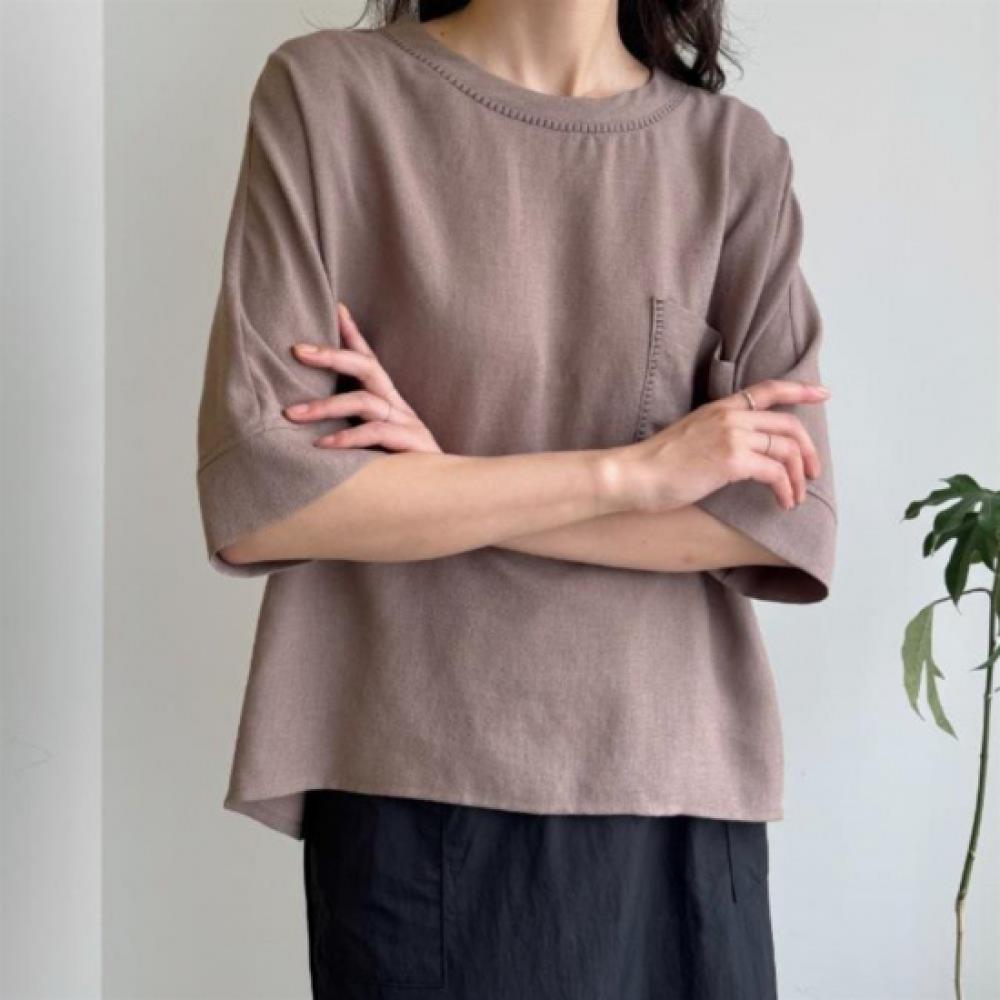 New Arrivals Open Run Women Simple Big Pocket Rayon Round Neck 7 8 Sleeve Blouse