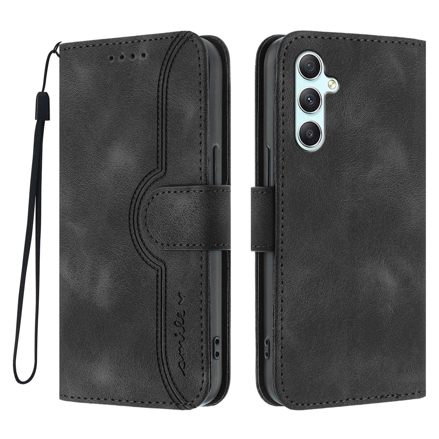 

For Samsung Galaxy A34 5G Leather Case Wallet Stand Smile Imprinted Phone Cover with Strap Black