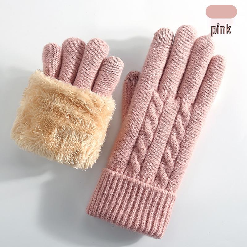 Women's Winter Knitted Touchscreen Gloves - Double-Layer Fleece-Lined, Thick Warm for Outdoor Cycling