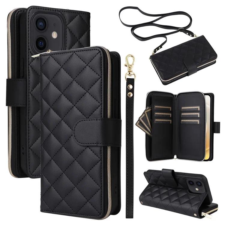 

For iPhone 12 mini Zipper Wallet Case Rhombus Leather Handbag Phone Cover