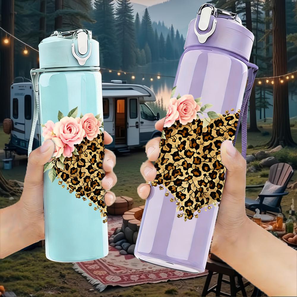 1PC Leopard Print Heart 750ml Color Plastic Sports Water Bottle Leakproof Flip Straw Lid Suitable for Sports Office Home Use
